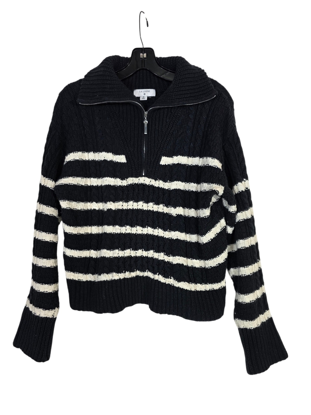 La Ligne for Target Cotton Black & White Striped Half-Zip Cable Sweater
